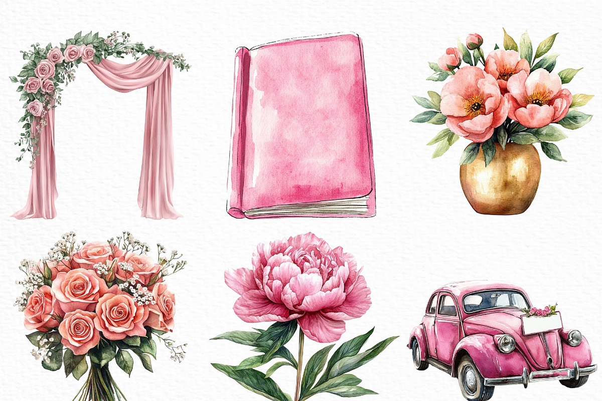 Watercolor Pink Wedding Day Clipart, an Illustration by Craft Nest (Photo 4 of 6)