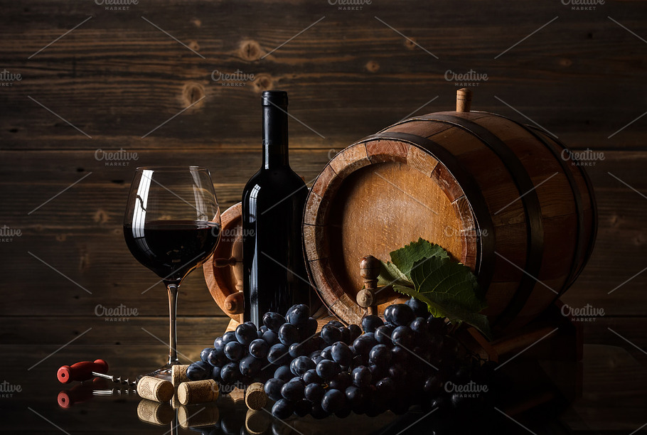 Still Life With Red Wine Containing Alcohol Barrel And Beverage