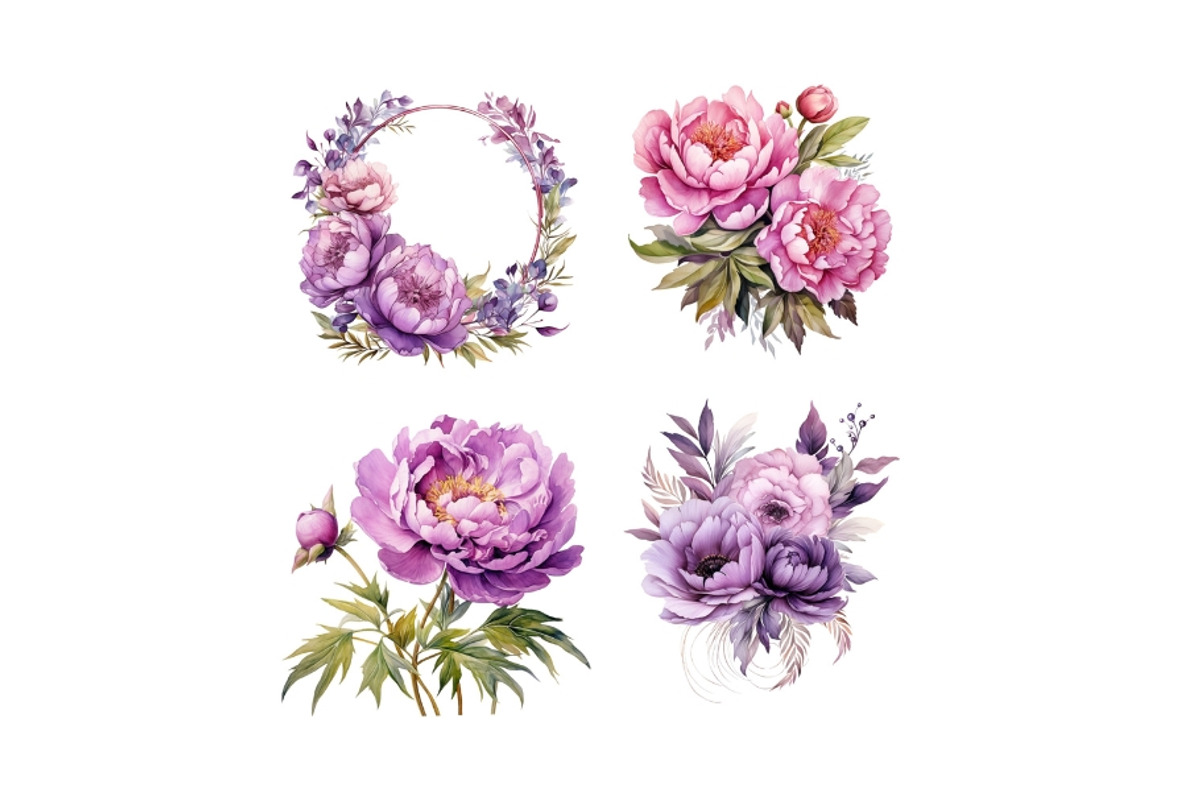 Watercolor Peony Clip Art, a Decorative Illustration by HoneyBunnyDigital (Photo 4 of 14)