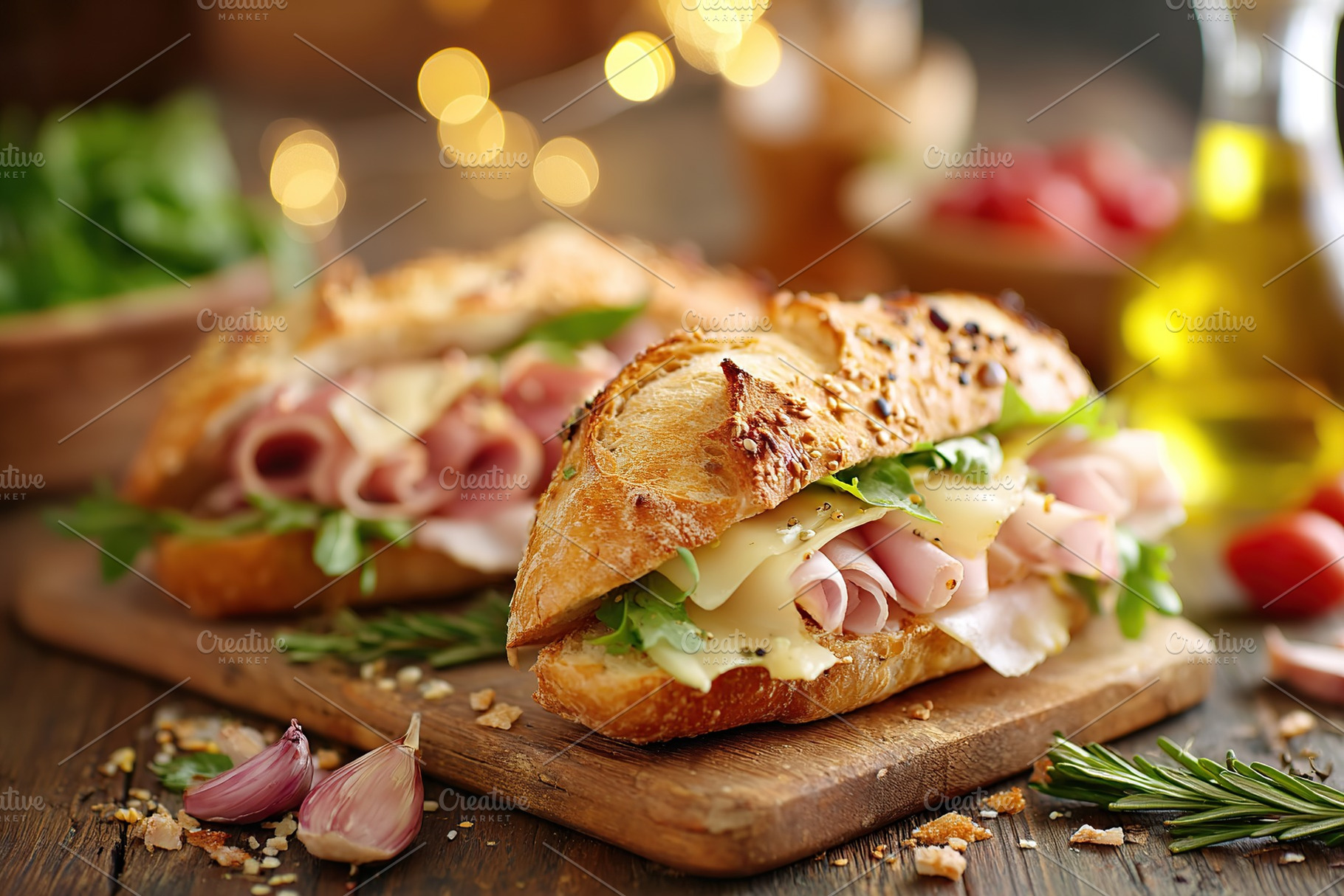 Delicious sandwich with ham, melted cheese, and fresh lettuce served on a rusti, a Food & Drink Photo by AlyaAnd