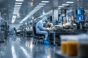 Scientist in cleanroom using microsc, a Photo by Pixeness Studio