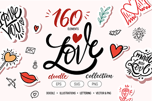 160 Love Doodle Elements & Stickers, a Seasonal Illustration by Oktyabr