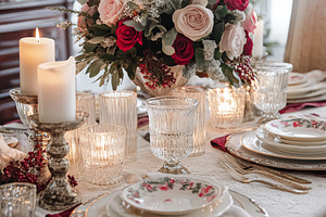 Elegant holiday table setting with Christmas roses, glowing candles, and festiv, a Food & Drink Photo by Anneleven