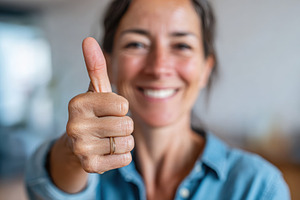 Woman giving thumbs up in bright indoor setting, a Person Photo by AlyaAnd
