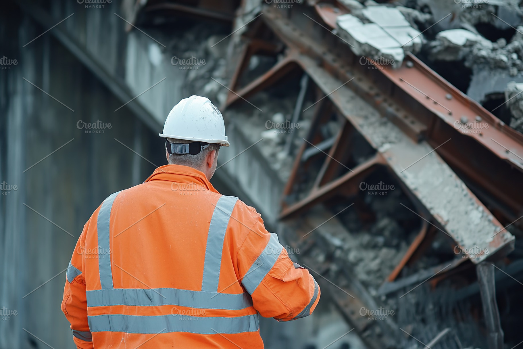 Male worker standing near destroyed bridge after a rocket strike, an Industrial Photo by AlyaAnd