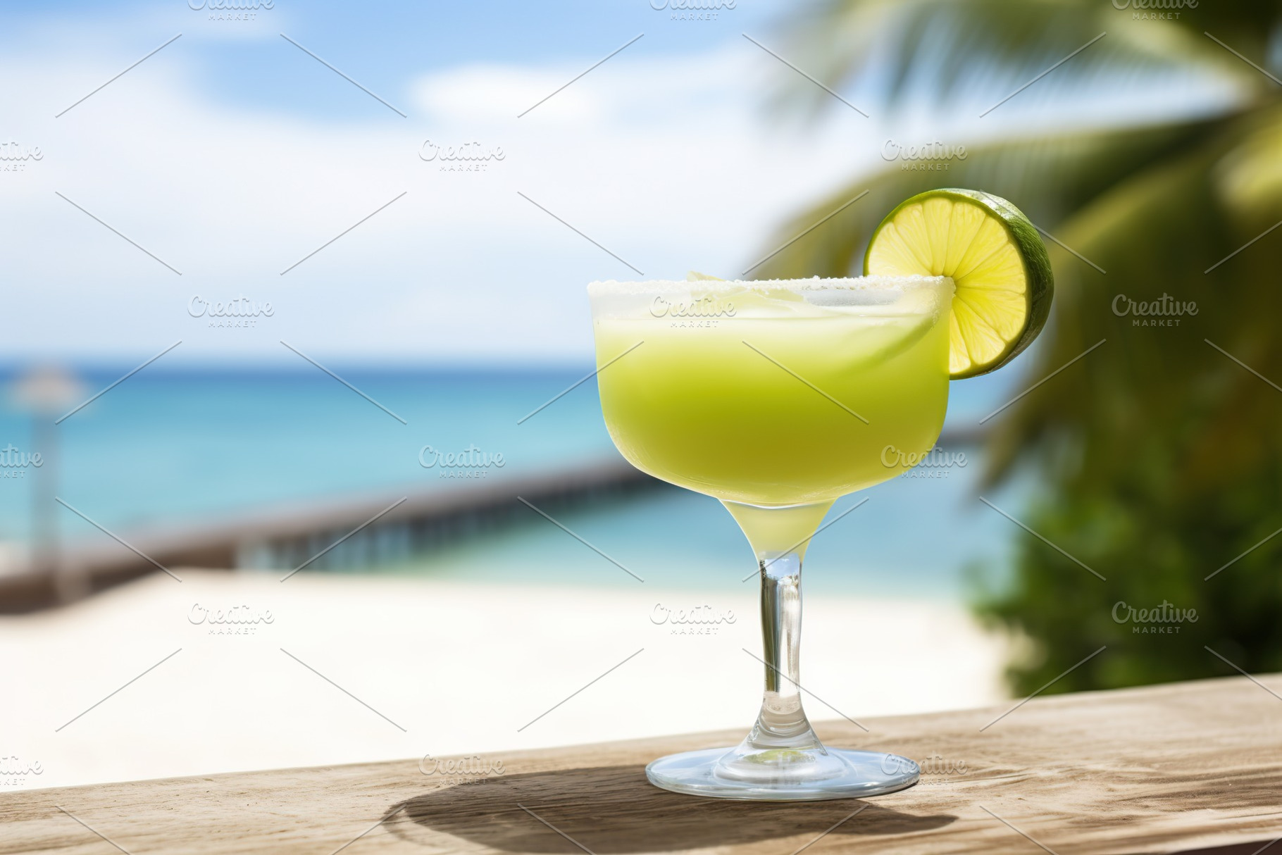 Glass of margarita cocktail on wooden bar table, a Food & Drink Photo by AlyaAnd