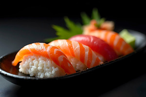 Modern sushi platter arranged artist, a Photo by LOGOCREATIVE