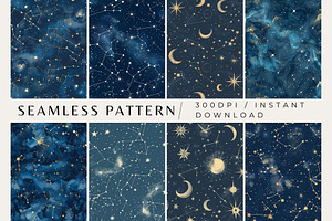 8 Celestial Seamless Patterns, a Pattern Graphic by Inknfolly