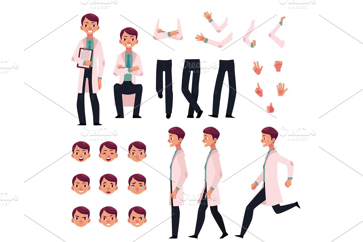 Doctor character creation set with different poses, gestures, faces, a ...