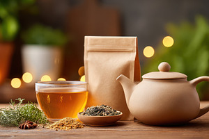 Cozy Tea Setup with Teapot and Herbs, a Food & Drink Photo by AlyaAnd