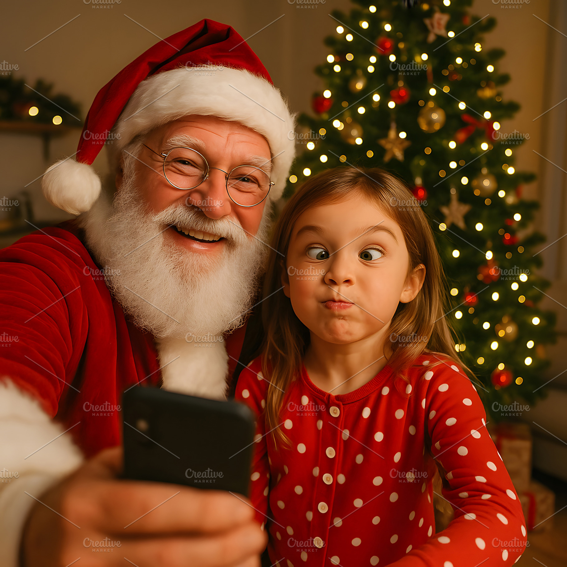 Santa Claus laughs taking a selfie with silly young girl, a Holiday Photo by GoodGoods