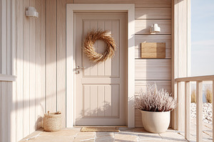 Cozy entrance with a rustic wreath on a beige door surrounded by minimalist dec, a Photo by AlyaAnd