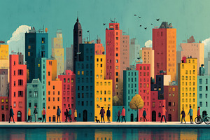 Colorful Cityscape People Walking by, a Photo by Pixeness Studio