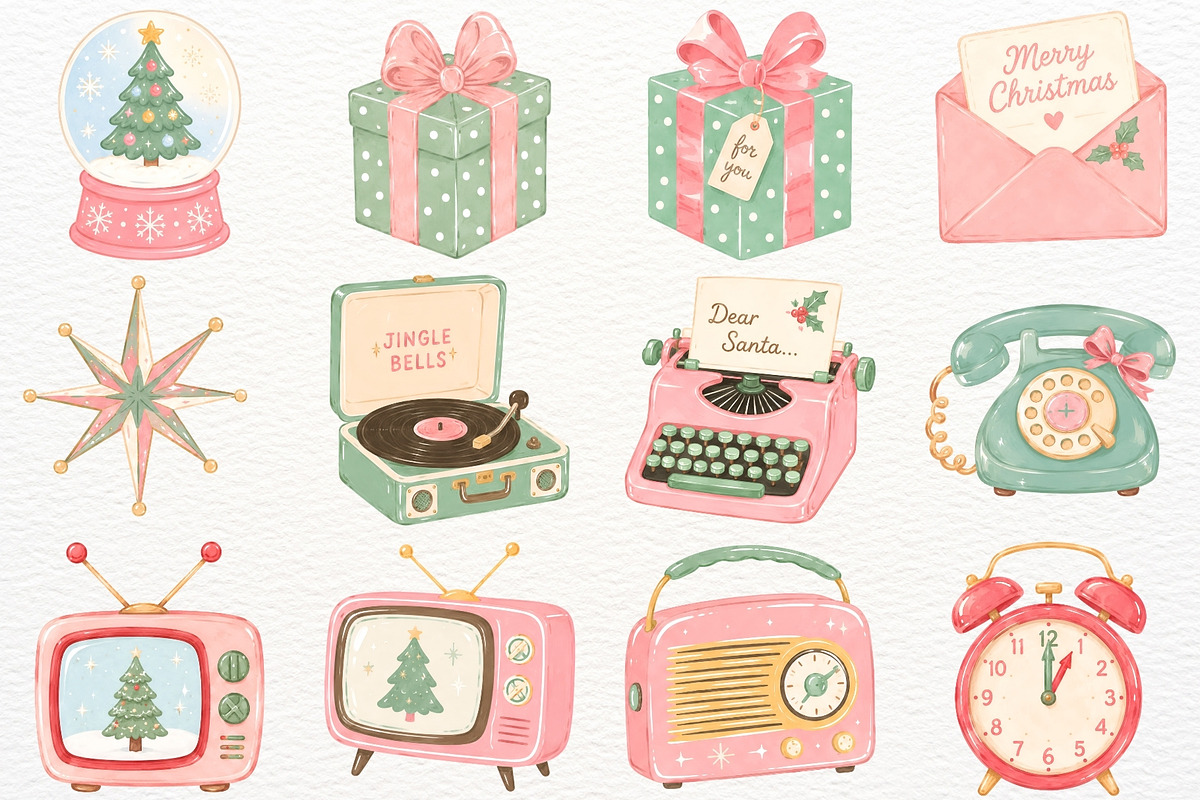 Retro Christmas Clipart Holiday PNG, a Seasonal Illustration by SugarCloudStudioArt (Photo 4 of 7)