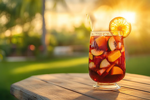Refreshing fruit sangria served on a wooden table during sunset in an outdoor s, a Food & Drink Photo by AlyaAnd