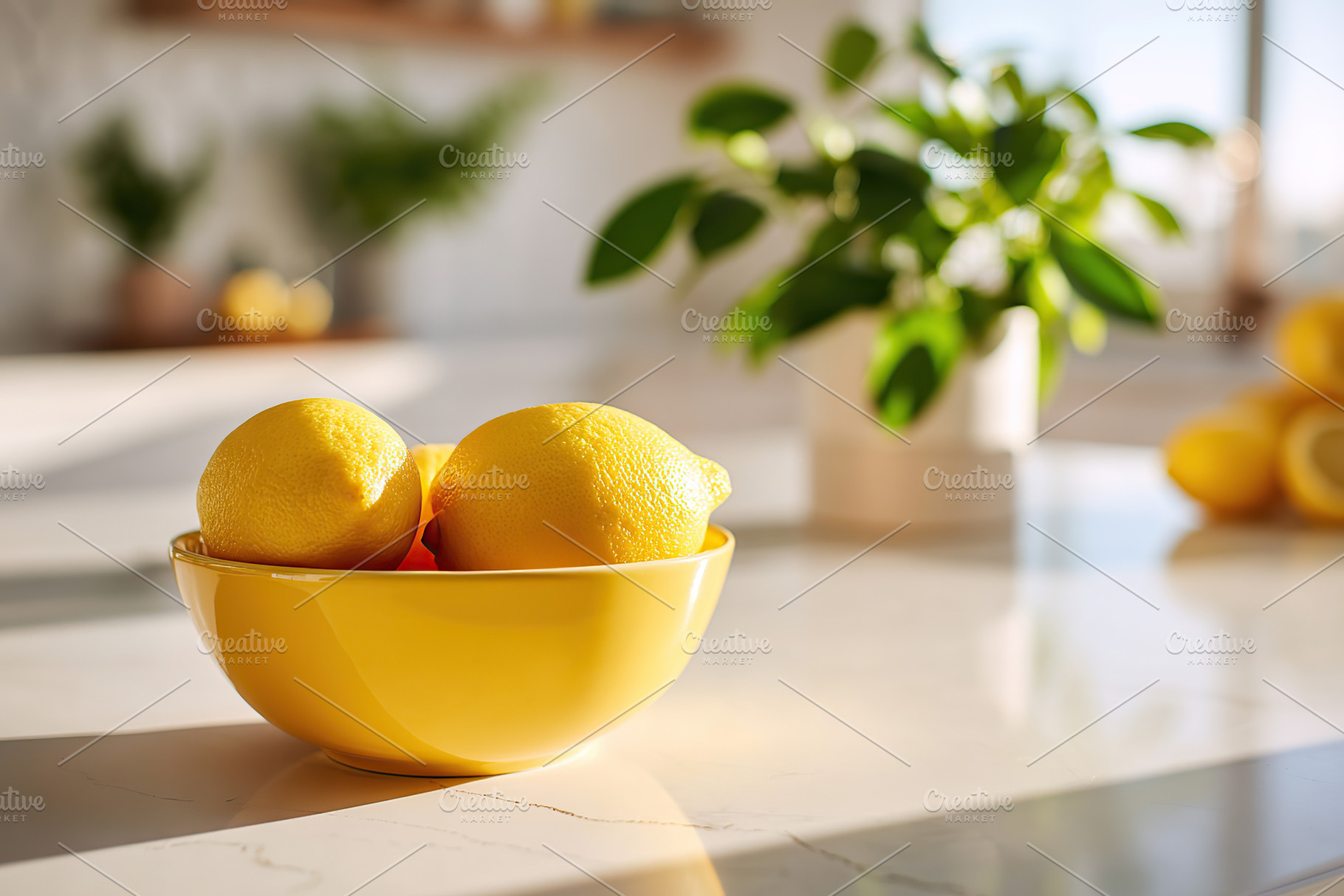 Bright kitchen with a bowl of fresh lemons and vibrant plants in the background, a Photo by AlyaAnd