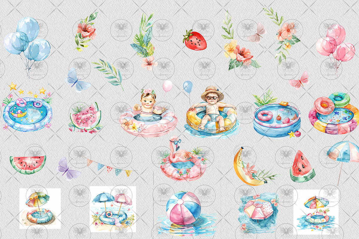 Pool Party Clipart Watercolor, an Illustration by BigCakeBee (Photo 3 of 4)