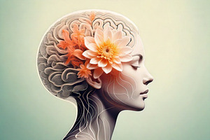 Woman head in profile with a blooming flower inside the brain ar, a Healthcare Illustration by DanFLCreativo