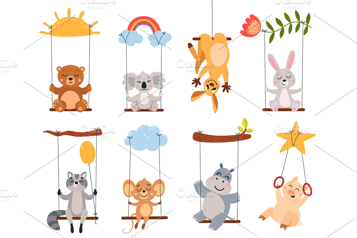 Funny animals on swings. Kangaroo, an Animal Illustration by LadadikArt