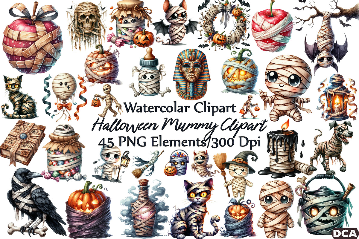 Watercolor Halloween Mummy Clipart, an Illustration by DreamCafeArt (Photo 1 of 7)