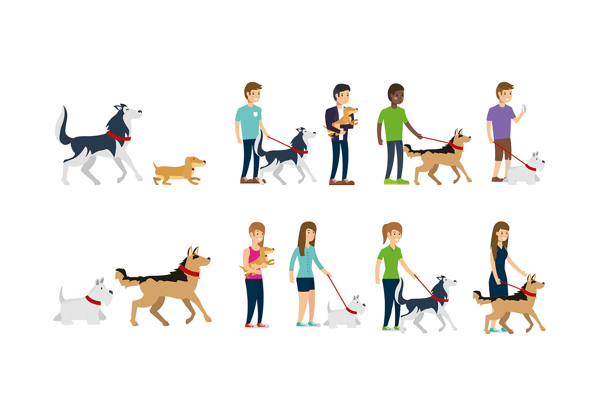 People And Dogs Illustration Set
