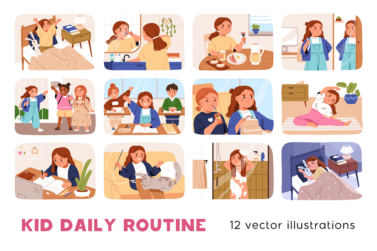 Daily routine of school girl kid set, a Person Illustration by Good Studio (Photo 1 of 13)