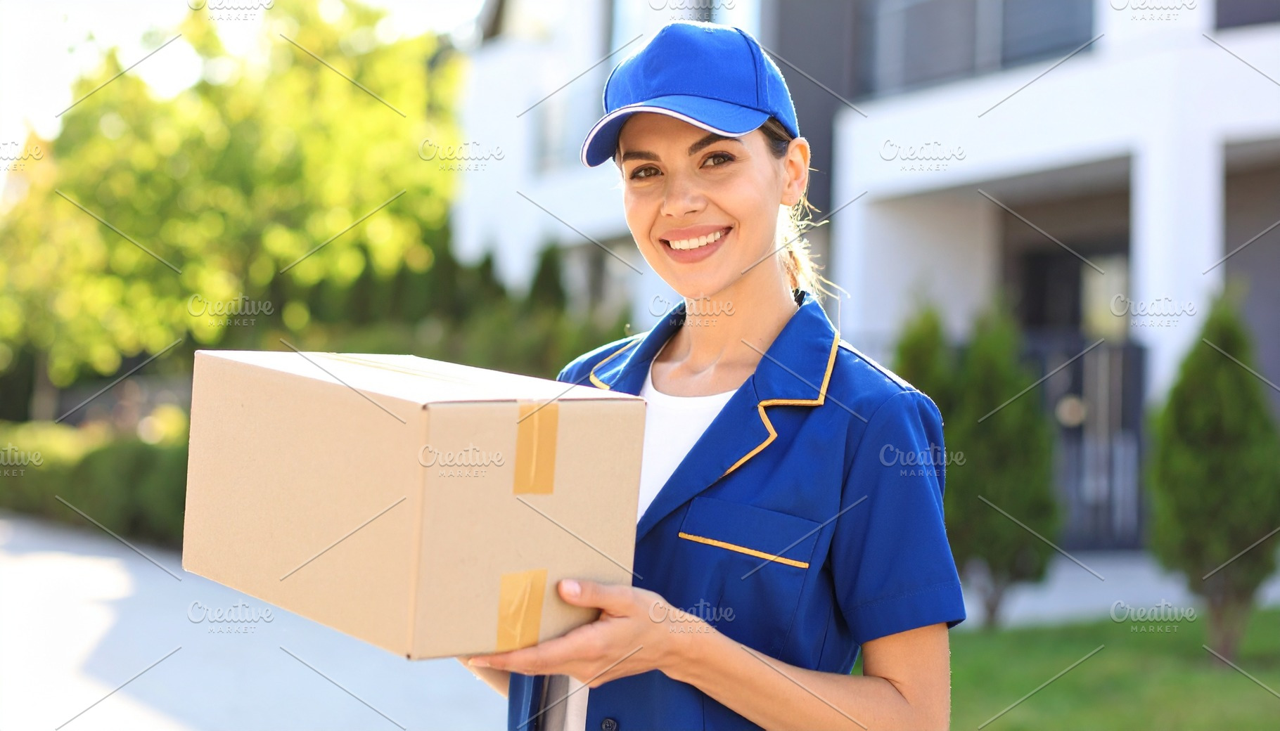 beautiful young female courier woman AI generated, a Photo by WorldOfPhotos