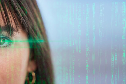 Woman, eye and biometrics on overlay in matrix for cybersecurity, futuristic profiling or identity. Portrait of female face with optical lens for future facial recognition or sight in double exposure, a Photo by Peopleimages.com