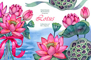 Lotus - Watercolor Clipart Set, an Illustration by NataliMiasStore (Thumbnail 1 of 8)