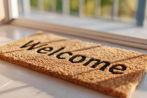 Welcome mat placed at the entrance of a bright and inviting home during daytime, a Background Photo by AlyaAnd