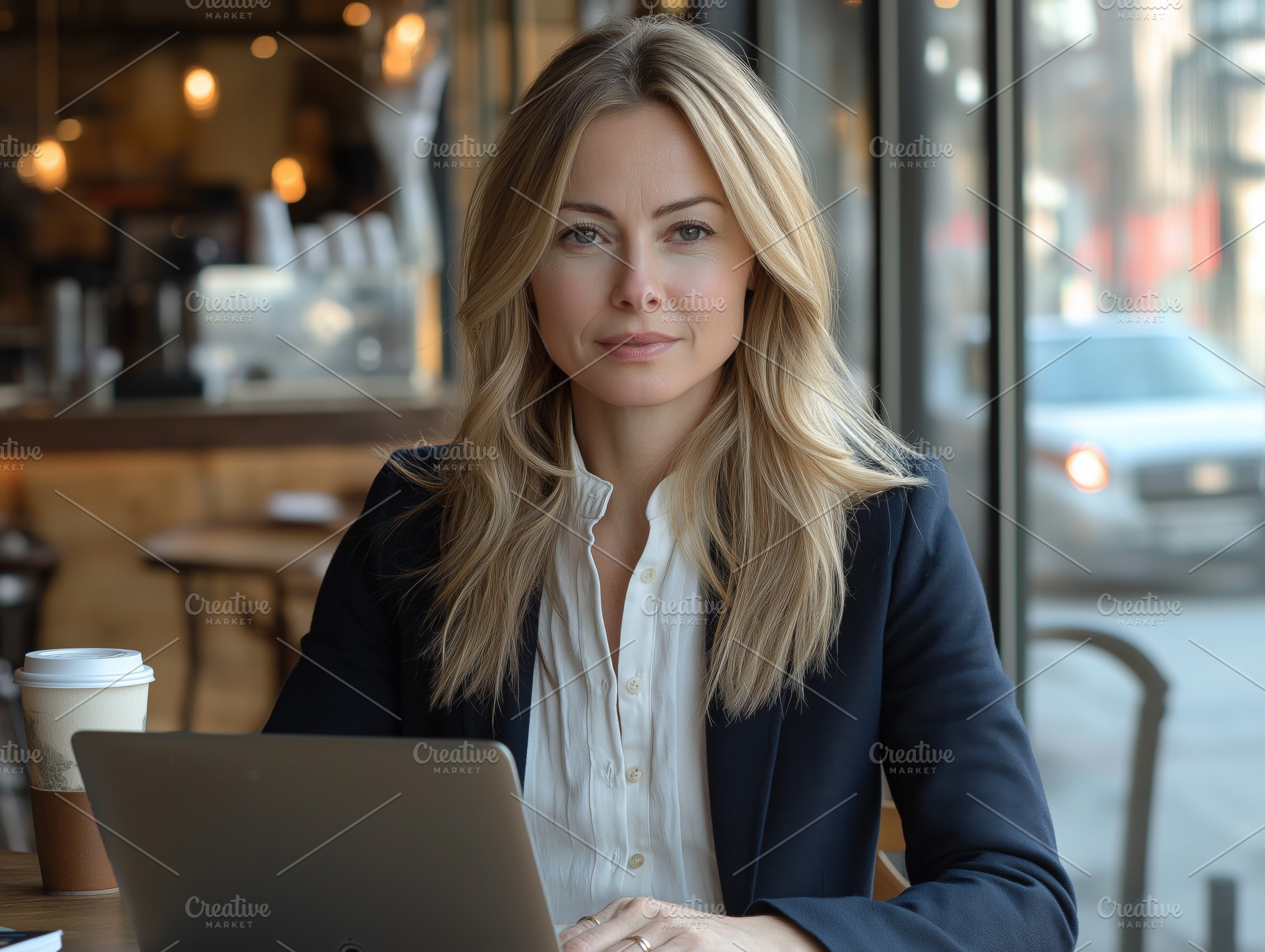 A confident Caucasian woman with long blonde hair sits in a cafe, working on a, a Person Photo by ImageMir