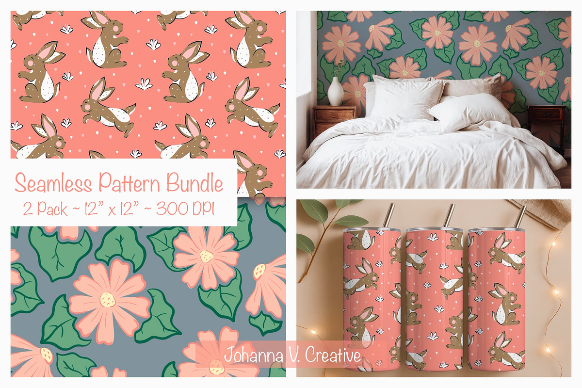Whimsical Bunny & Flower Pattern Set, an Illustration by Johanna V. Creative (Photo 1 of 3)