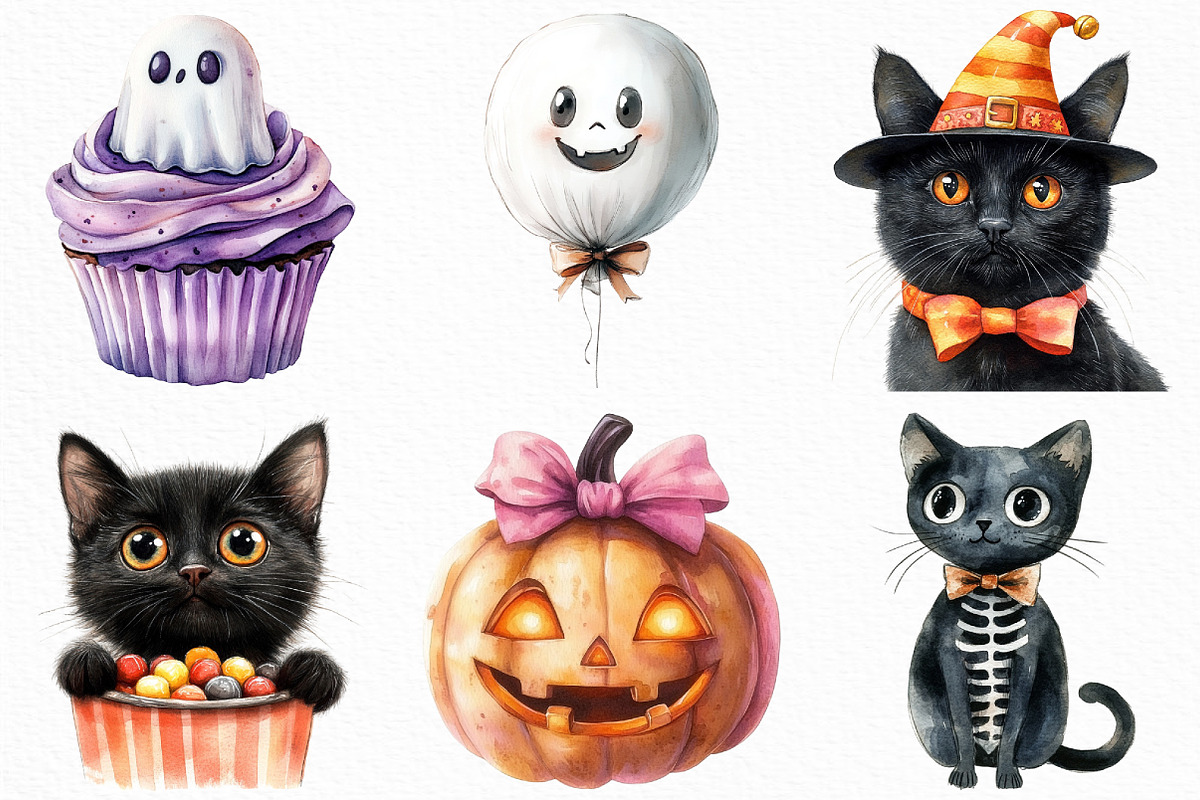 Watercolor Kawaii Halloween Clipart, an Illustration by Craft Nest (Photo 3 of 6)