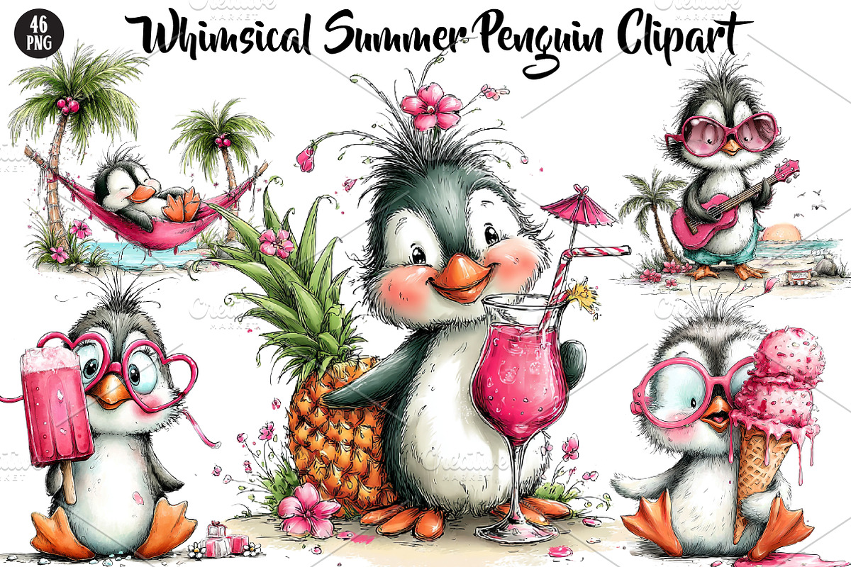 Whimsical Summer Penguin Clipart, a Seasonal Illustration by CreationArt (Photo 1 of 5)