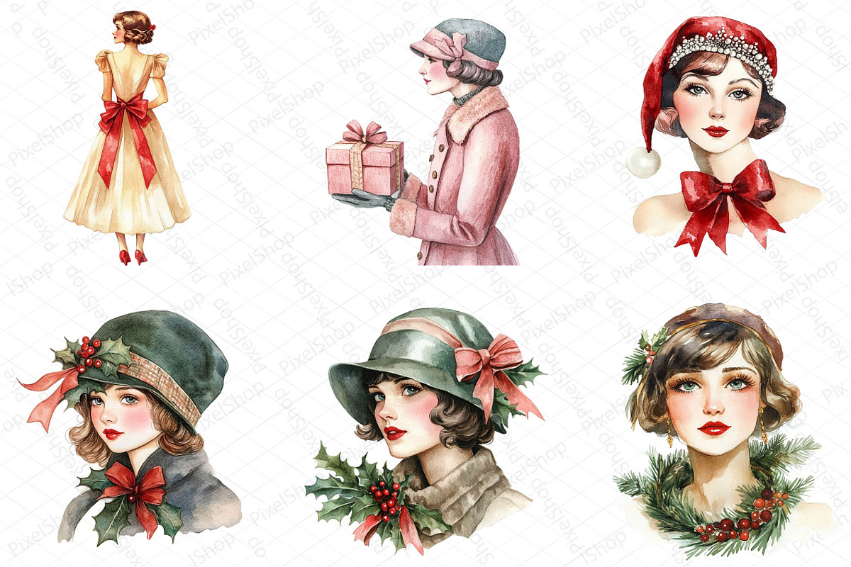 1920 Coquette Christmas Girls Clipar, an Illustration by DreamPrint404 (Photo 7 of 7)
