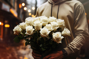 Man with bouquet of white roses on t, a Holiday Photo by Perpis