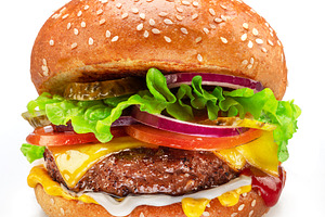 Hamburger close up on white, a Food & Drink Photo by Volff