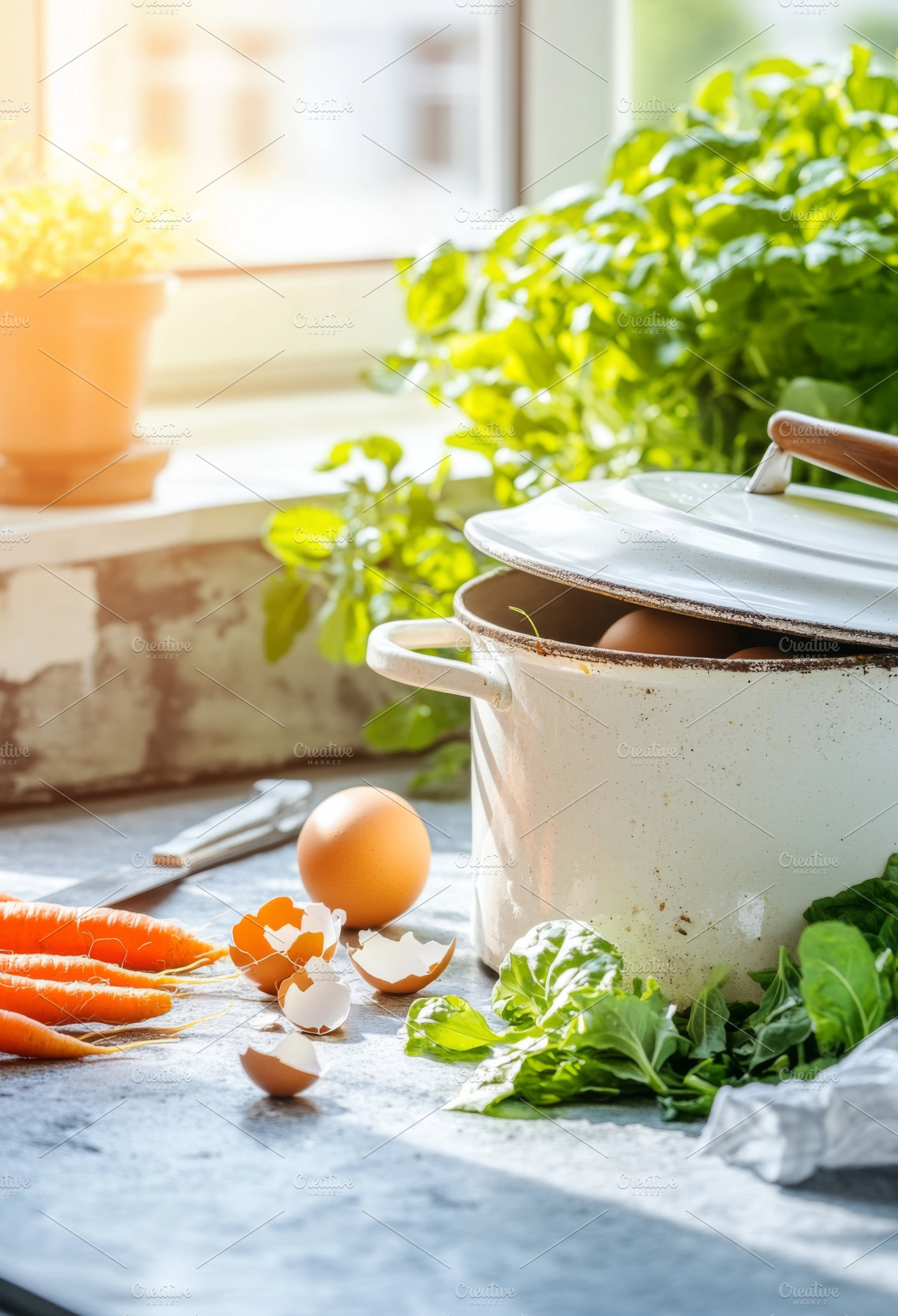 Kitchen with white pot and vegetable, a Photo by Dvoevnore photos