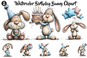 Watercolor Birthday Bunny Clipart, a Seasonal Illustration by CreationArt