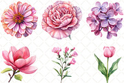 Pink Flowers Watercolor Clipart, an Illustration by Black Bird Studio (Thumbnail 2 of 6)