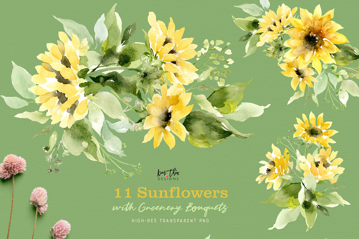 Sunflowers with Greenery Watercolor, an Illustration by Kim Thoa Designs (Photo 2 of 8)