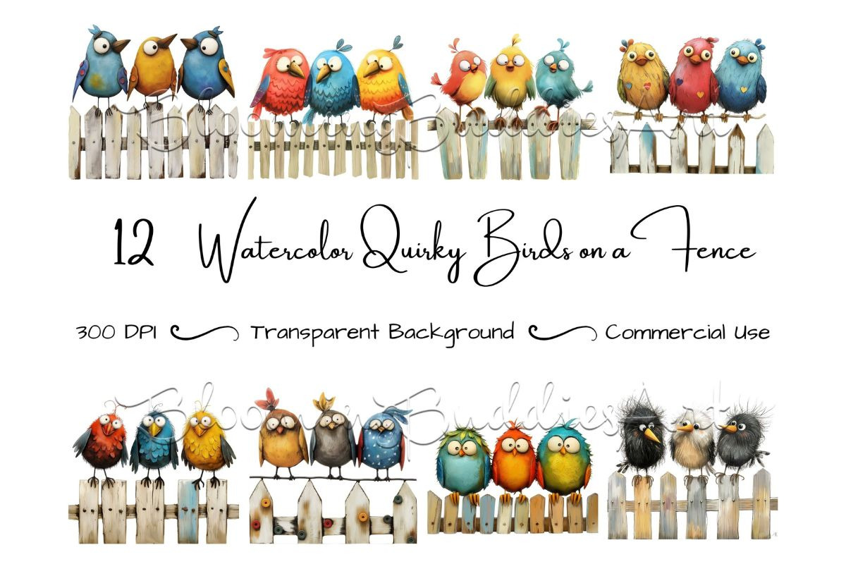 12 Quirky Birds on a Fence Clipart, an Animal Illustration by Art Paradise Studios (Photo 2 of 8)