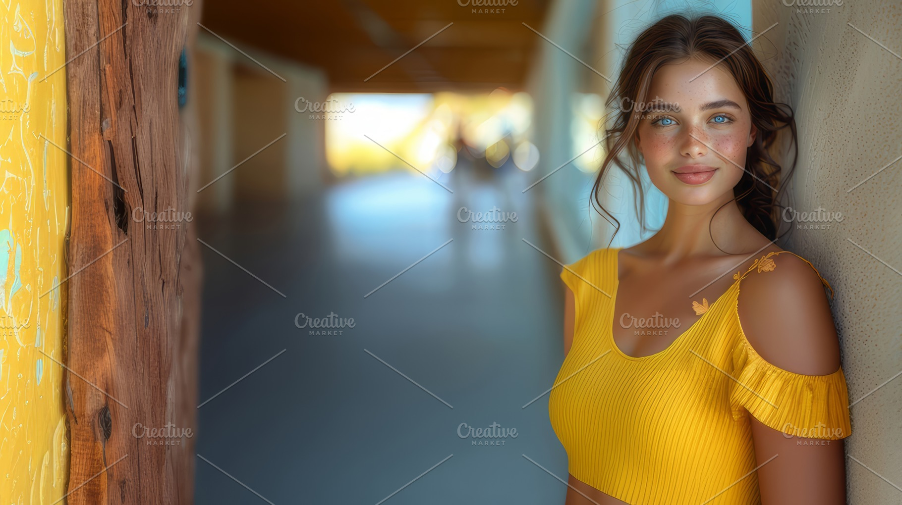 Radiant Young Woman in Yellow Top Smiling in Sunlit Corridor, a Photo by AS photostudio