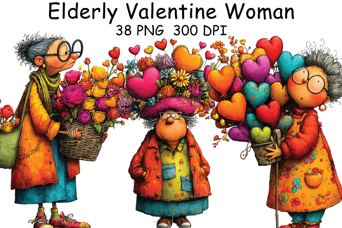 Quirky Elderly Valentine Woman PNG, an Illustration by CraftArtStudio (Photo 1 of 6)
