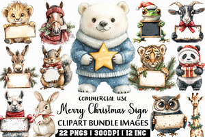 Animals Holding Merry Christmas Sign, an Illustration by Craft Nest