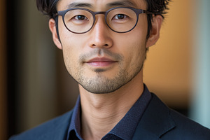 Japanologist. A professional portrait of a man with curly black hair and glasse, a Person Photo by Textures & Backgrounds