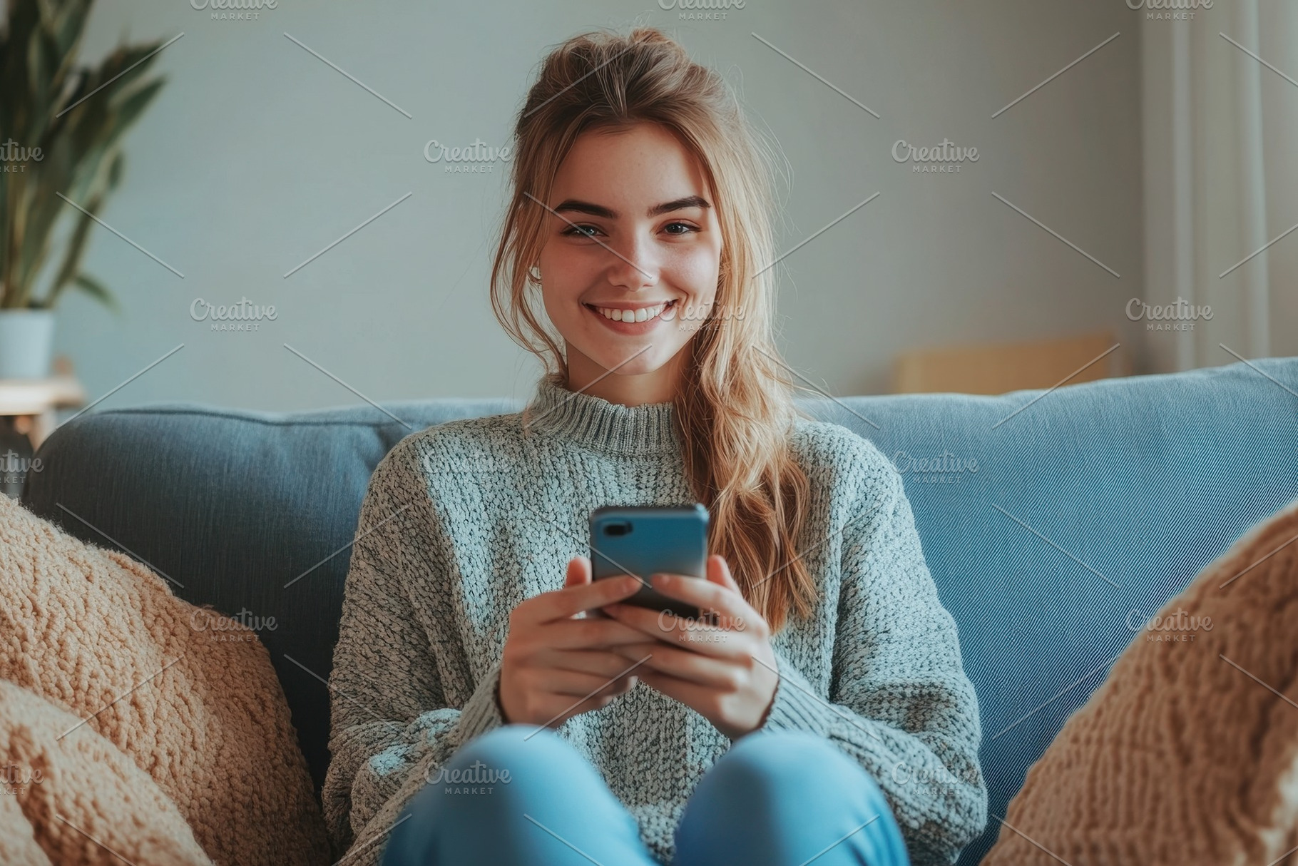 A cheerful girl lounging on the sofa, a Photo by Pavel_design