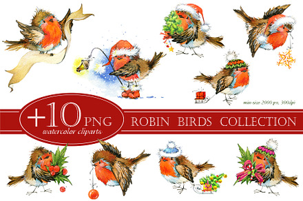watercolor Christmas Robin birds set