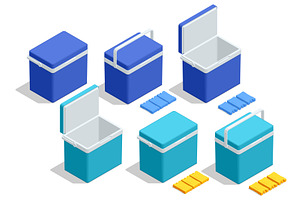 Isometric set of Blue cooler bag on, an Object Illustration by Golden Sikorka