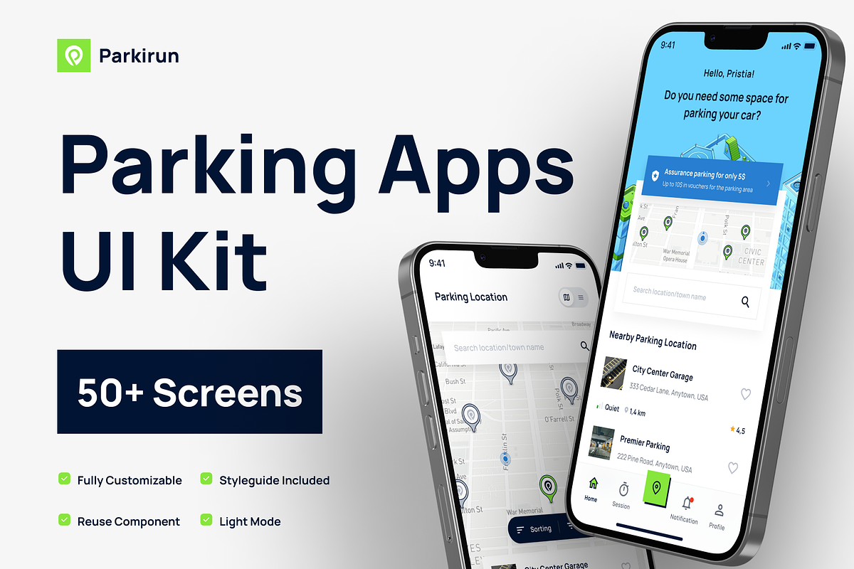 Parkirun - Parking Mobile App UI Kit, an UI Kit Template by pickolabstudio (Photo 1 of 6)